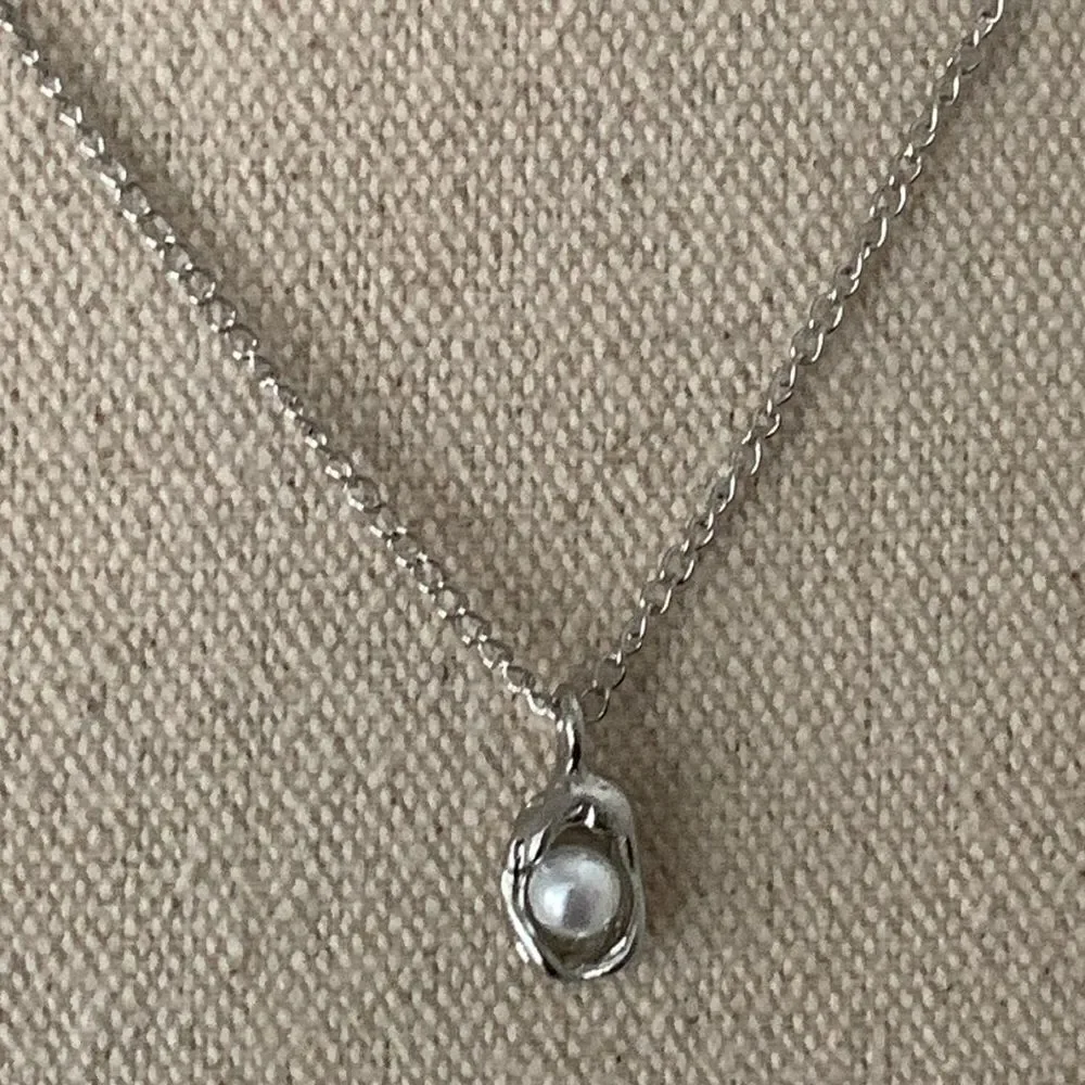 Symbolic Egg in a Nest Pendant Necklace - Silver Tone with Faux Pearl